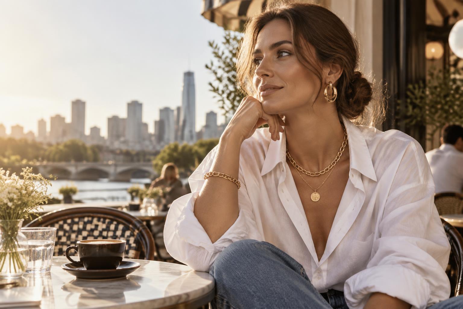 Woman wearing layered gold jewellery at a Brisbane cafe